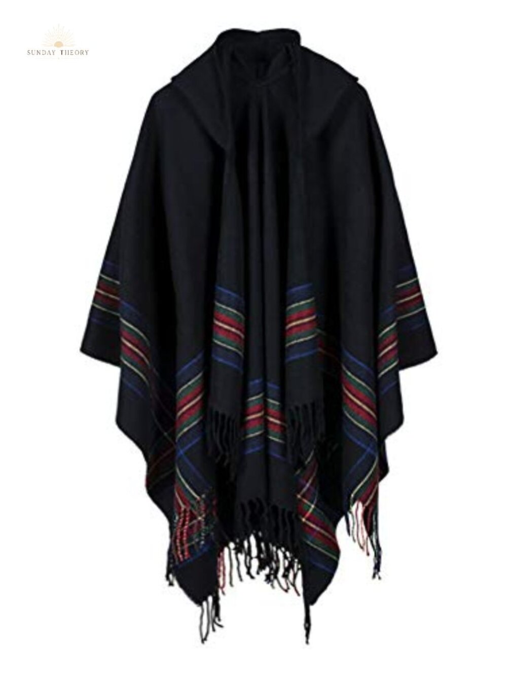 Vintage Plaid Knit Poncho Shawl Cape Button Cardigan Tassel